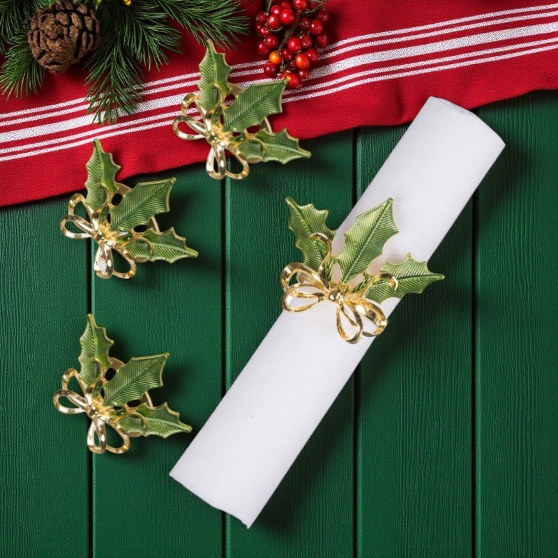 Gold & Green Holly Napkin Rings