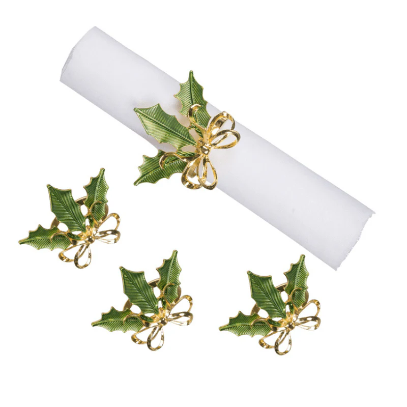 Gold & Green Holly Napkin Rings - Image 2