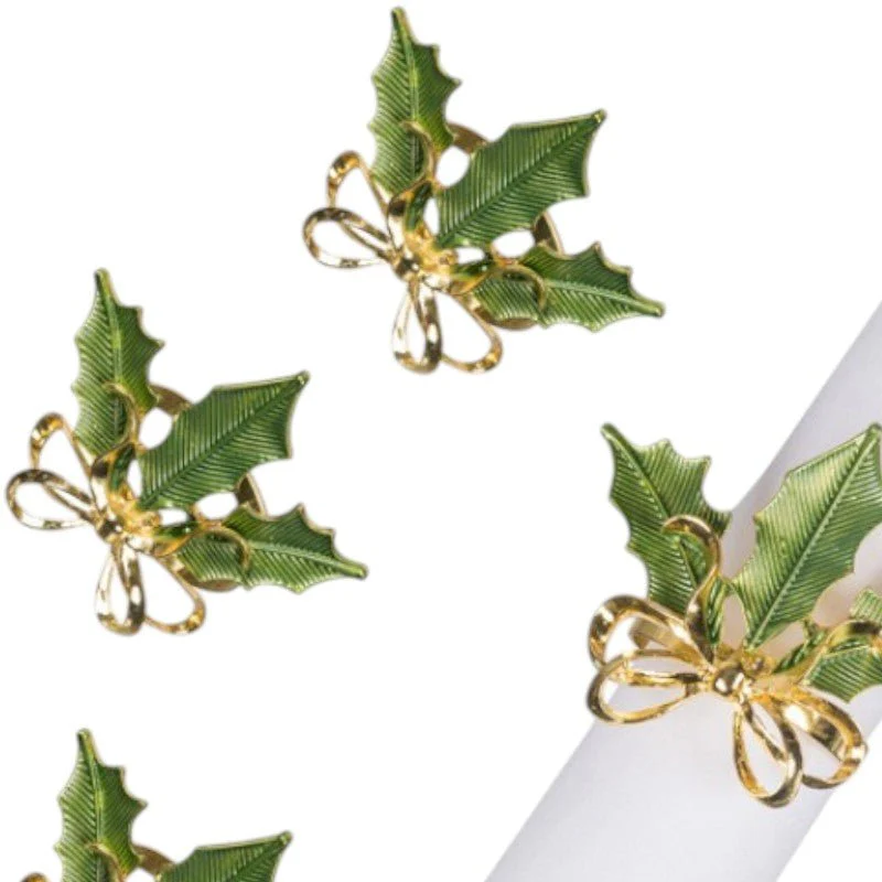 Gold & Green Holly Napkin Rings - Image 3