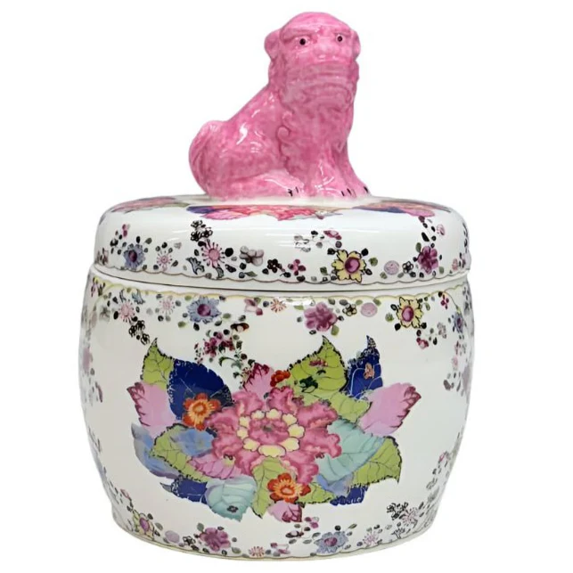 Tobacco Leaf Jar with Pink Foo Dog Lid - Image 2