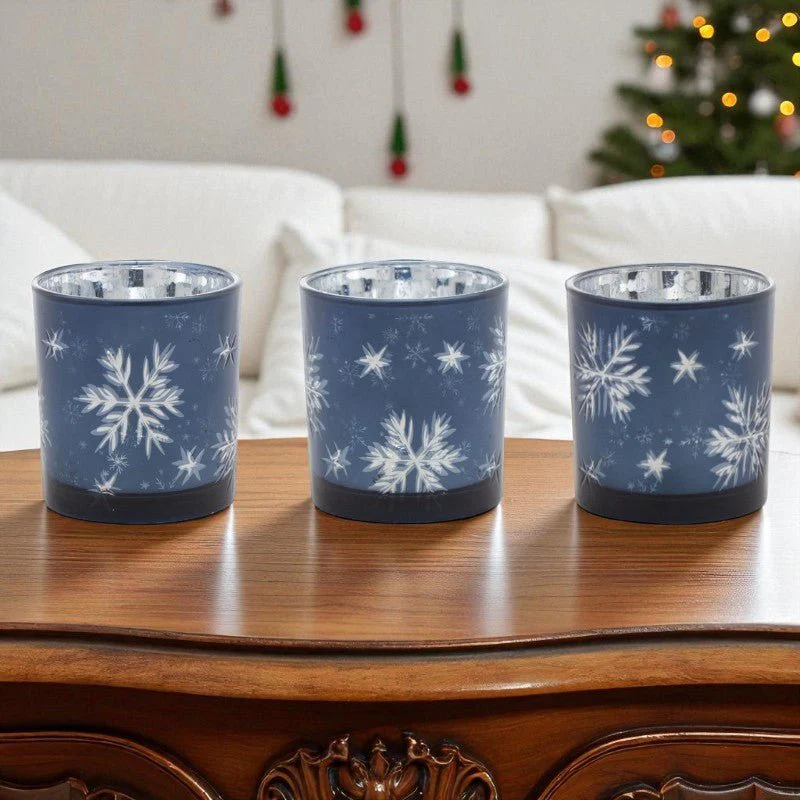 Snowflake Votive Holder Set – Blue Glass (Set of 3) - Image 2