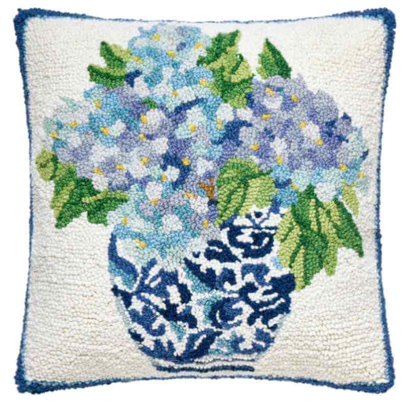 Hooked Hydrangea in Chinoiserie Pillow
