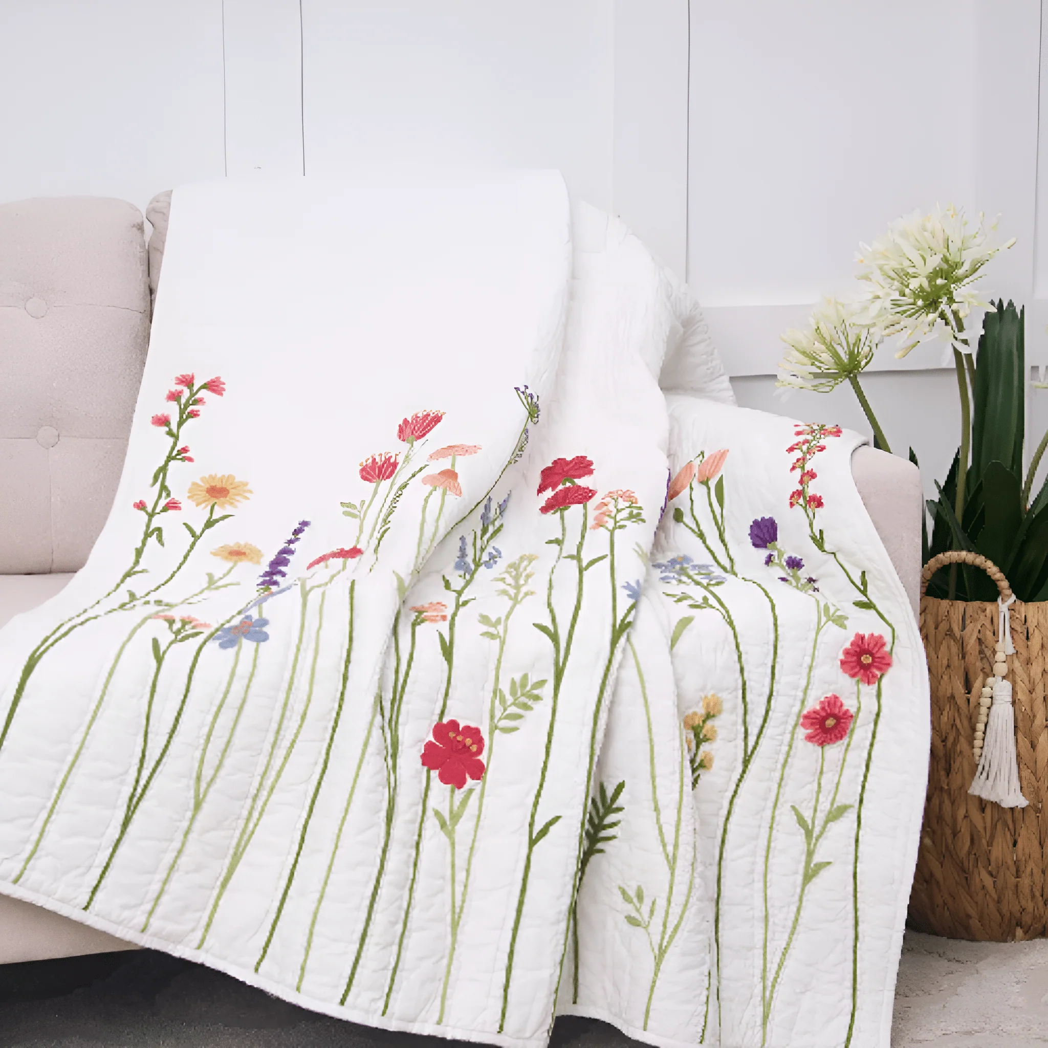 Botanical Embroidered Cotton Throw